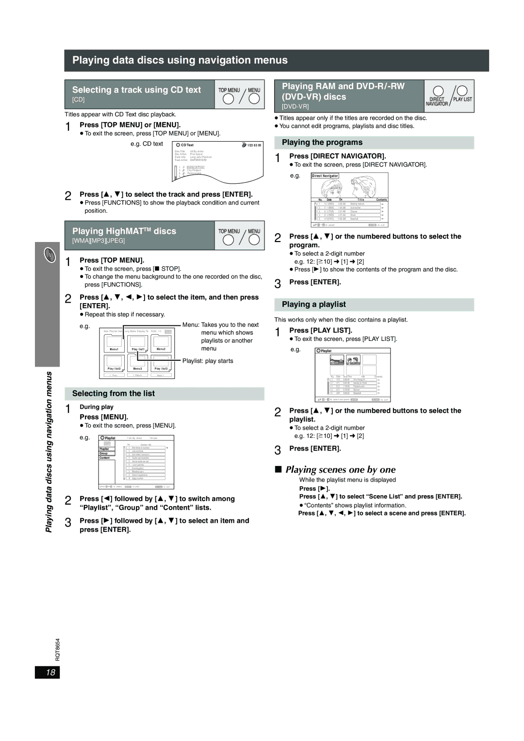 Panasonic SC-HT545 manual Playing scenes one by one, Playing HighMAT TM discs, Playing a playlist, Selecting from the list 