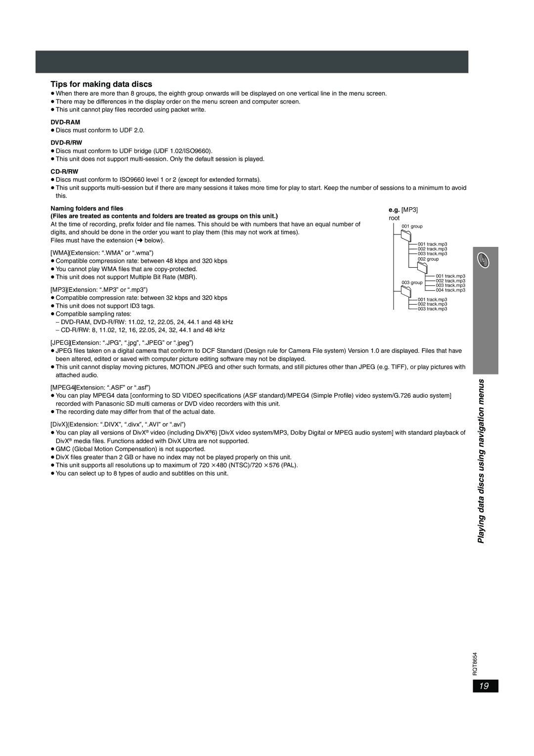 Panasonic SC-HT545 manual Playing data discs using navigation menus, Dvd-Ram, Dvd-R/Rw, Cd-R/Rw, MP3 