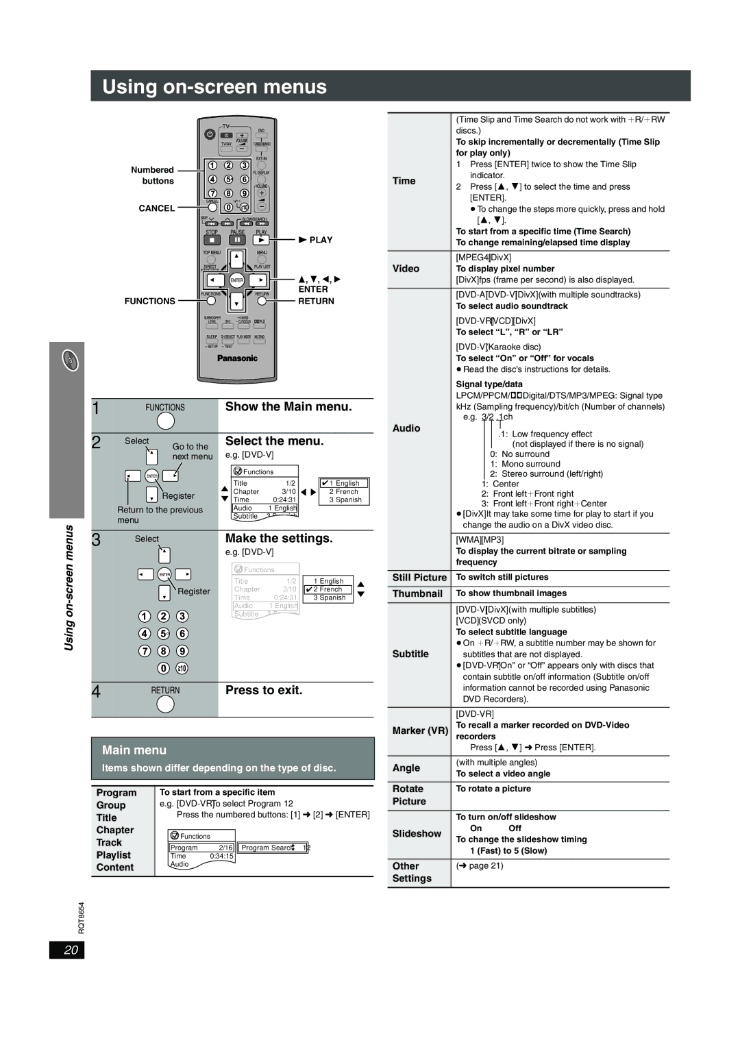 Panasonic SC-HT545 manual Using on-screen menus, Main menu 