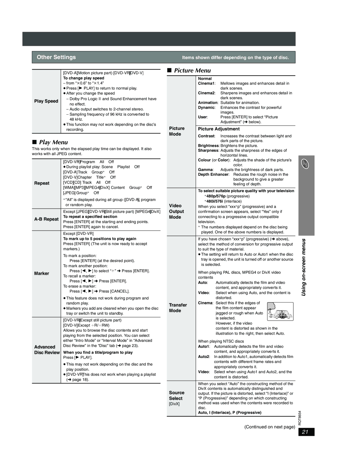 Panasonic SC-HT545 manual Picture Menu, Play Menu, Other Settings 