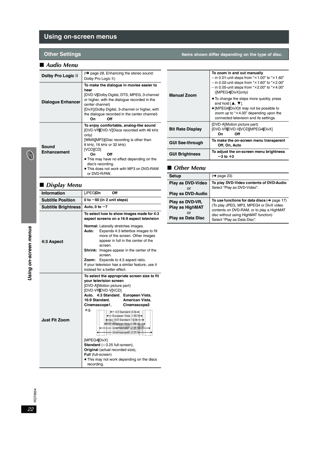 Panasonic SC-HT545 manual Audio Menu, Other Menu, Display Menu 