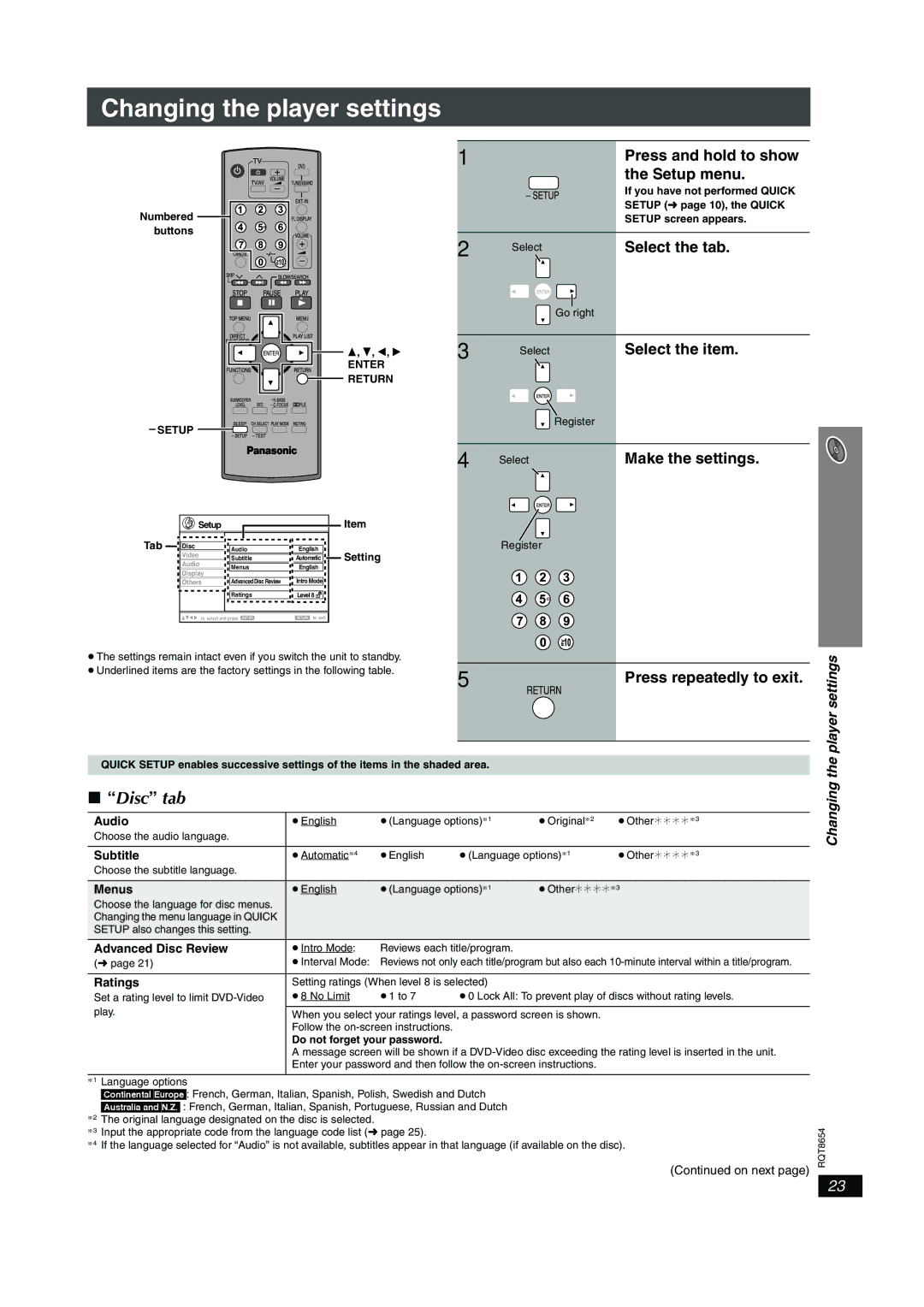 Panasonic SC-HT545 manual Changing the player settings, Disc tab 