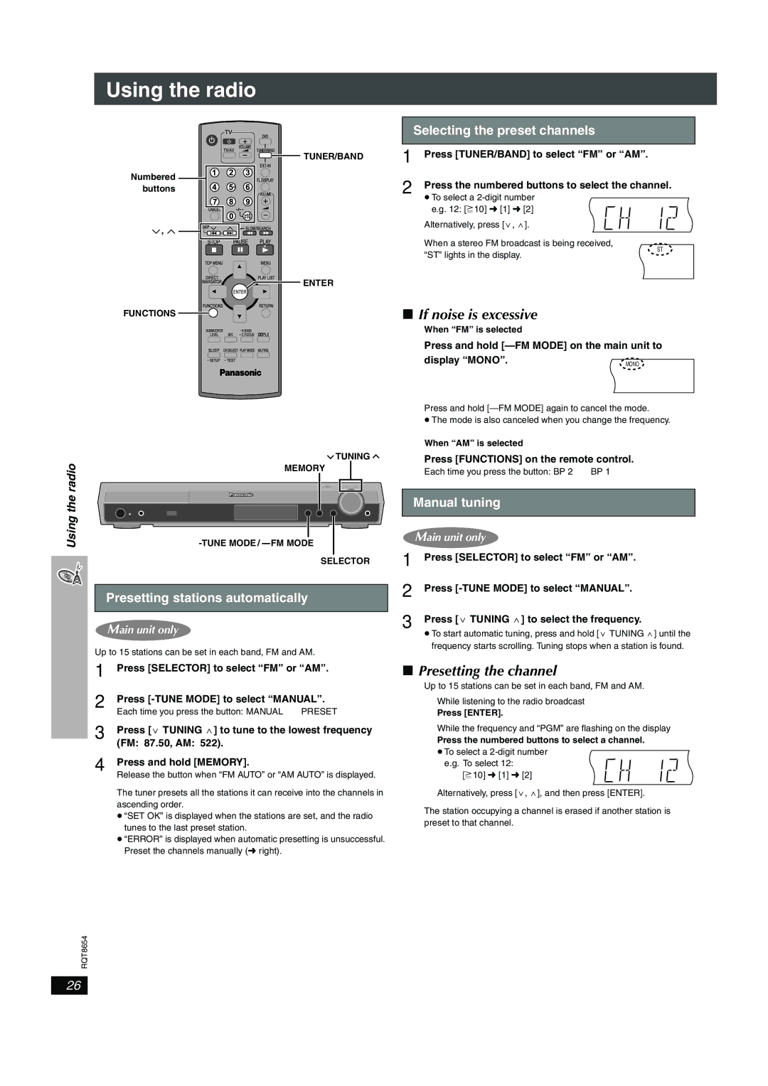 Panasonic SC-HT545 Presetting the channel, Selecting the preset channels, Presetting stations automatically, Manual tuning 