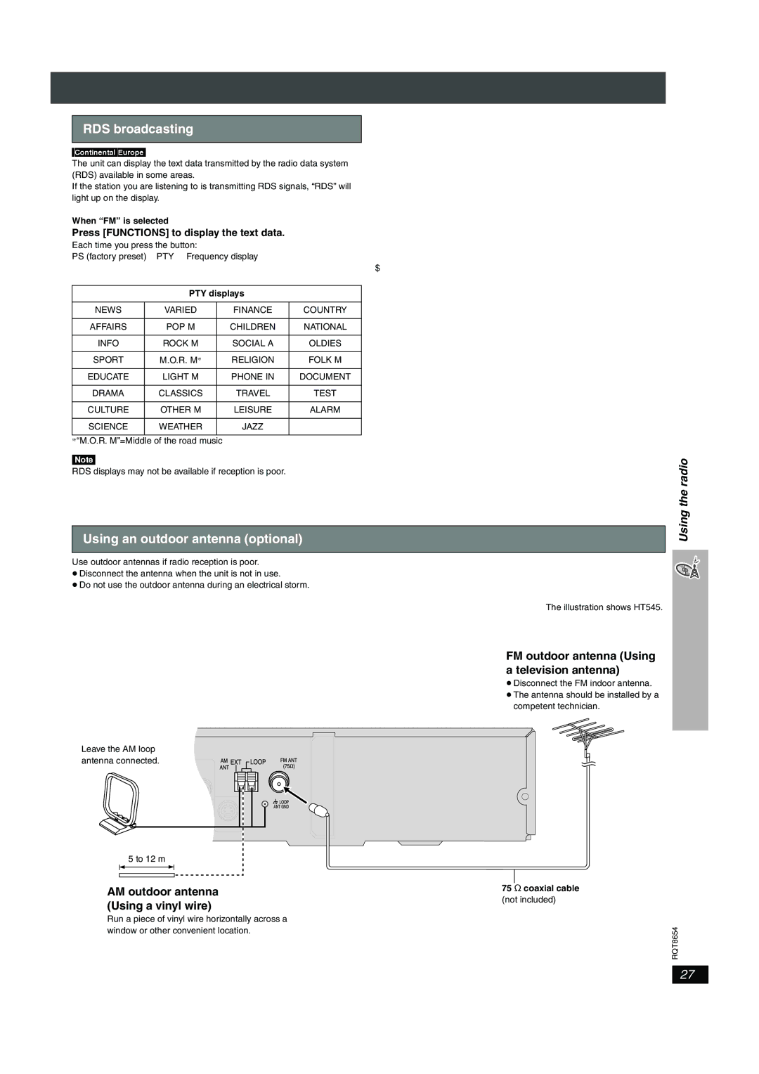 Panasonic SC-HT545 manual Using an outdoor antenna optional, Using the radio, Press Functions to display the text data 