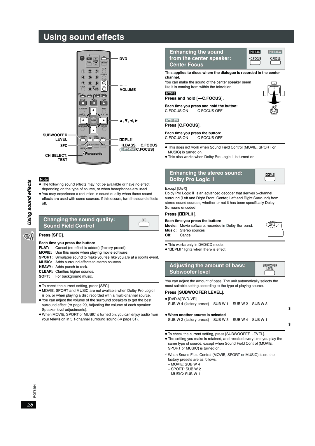 Panasonic SC-HT545 manual Using sound effects 