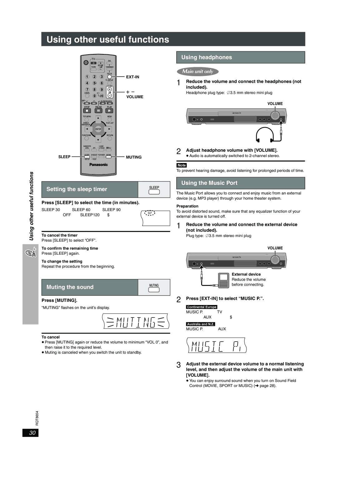 Panasonic SC-HT545 Using other useful functions, Using headphones, Setting the sleep timer Using the Music Port, Functions 