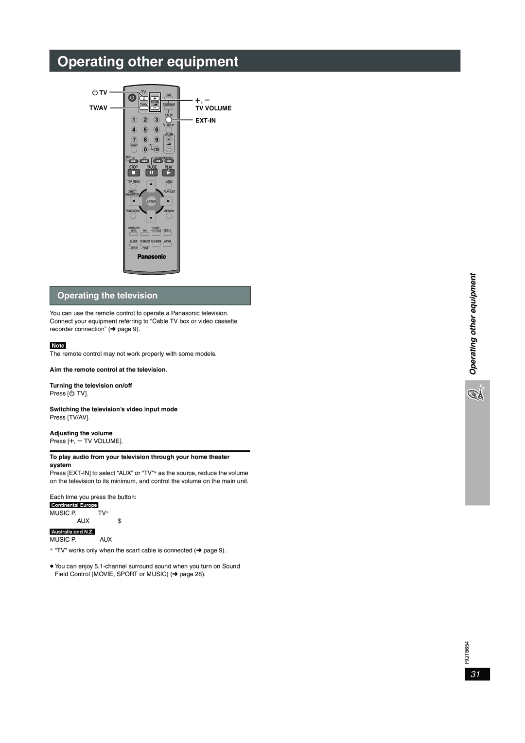 Panasonic SC-HT545 manual Operating other equipment, Operating the television, TV/AV TV Volume 