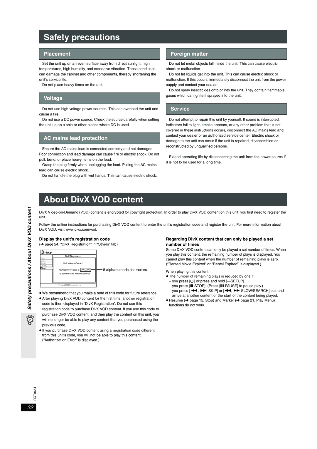 Panasonic SC-HT545 manual Safety precautions, About DivX VOD content 