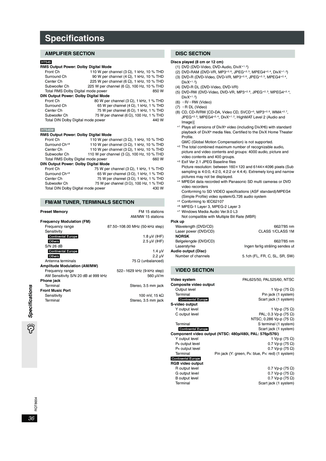 Panasonic SC-HT545 manual Specifications, Norsk 