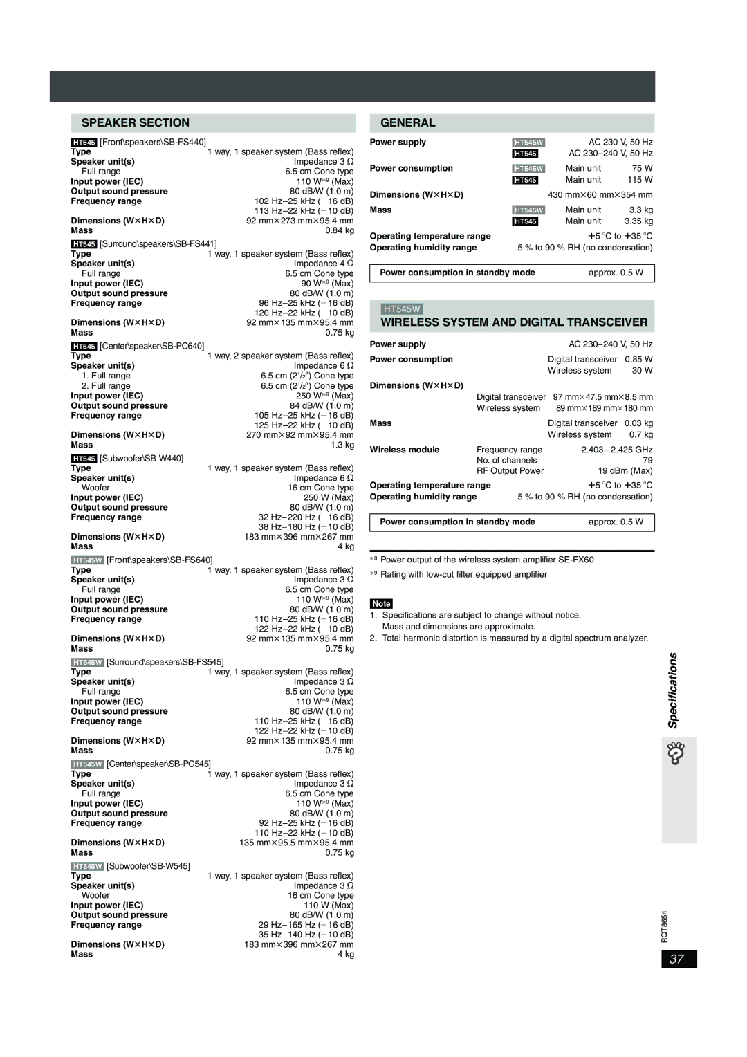 Panasonic SC-HT545 manual Type Speaker units, Power supply, Power consumption, Operating temperature range 