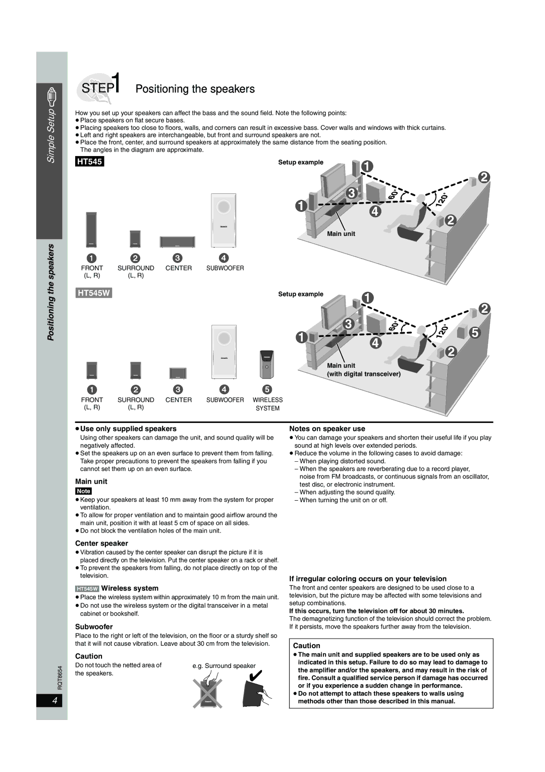 Panasonic SC-HT545 manual Positioning the speakers 