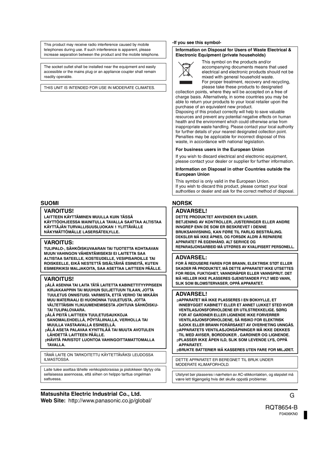 Panasonic SC-HT545 If you see this symbol, For business users in the European Union, Dette Produktet Anvender EN Laser 