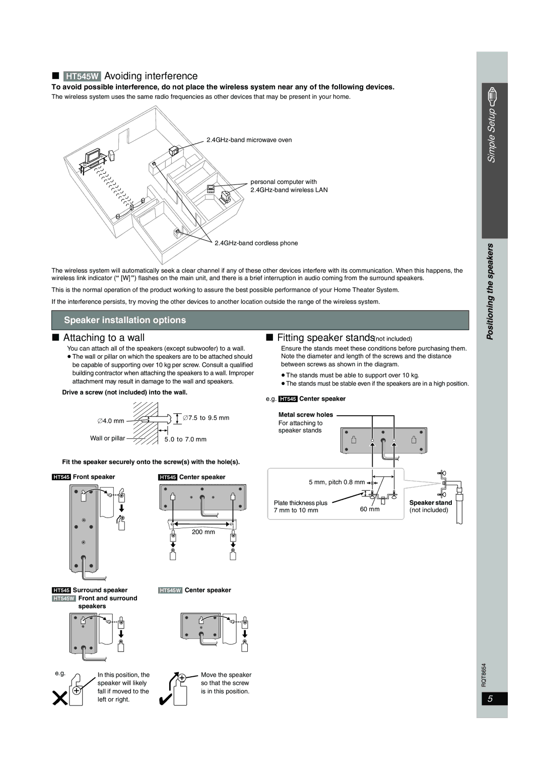 Panasonic SC-HT545 manual Attaching to a wall, Fitting speaker stands not included, Speaker installation options 