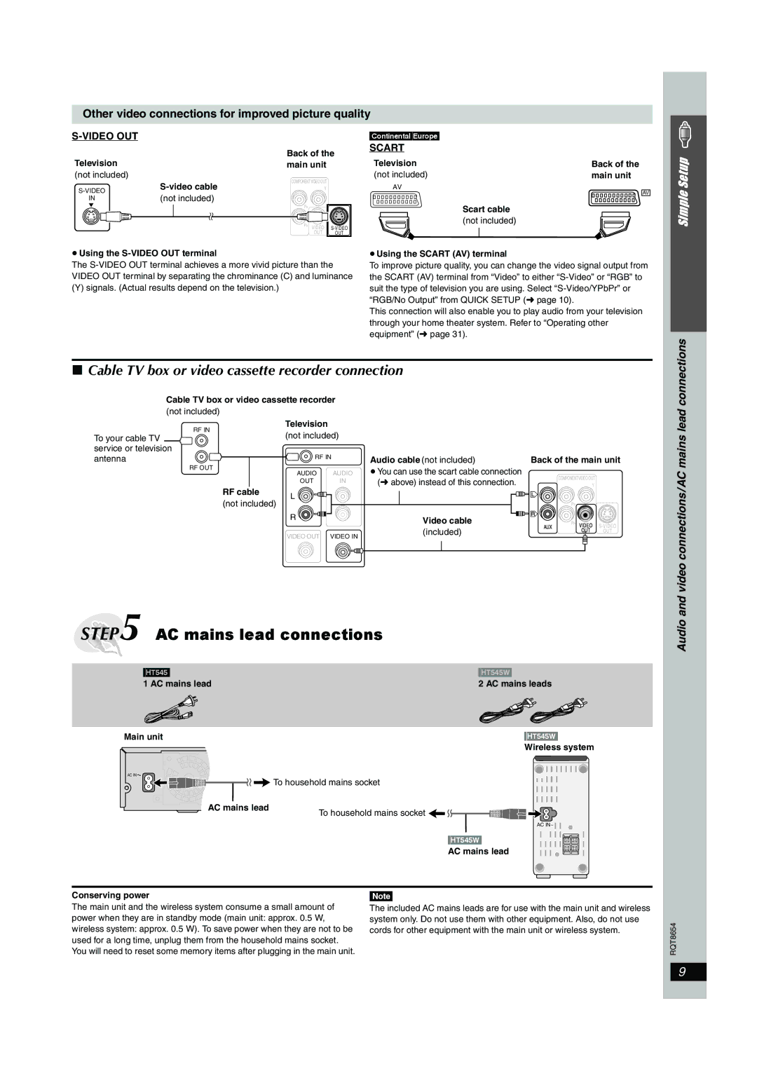 Panasonic SC-HT545 manual Cable TV box or video cassette recorder connection 