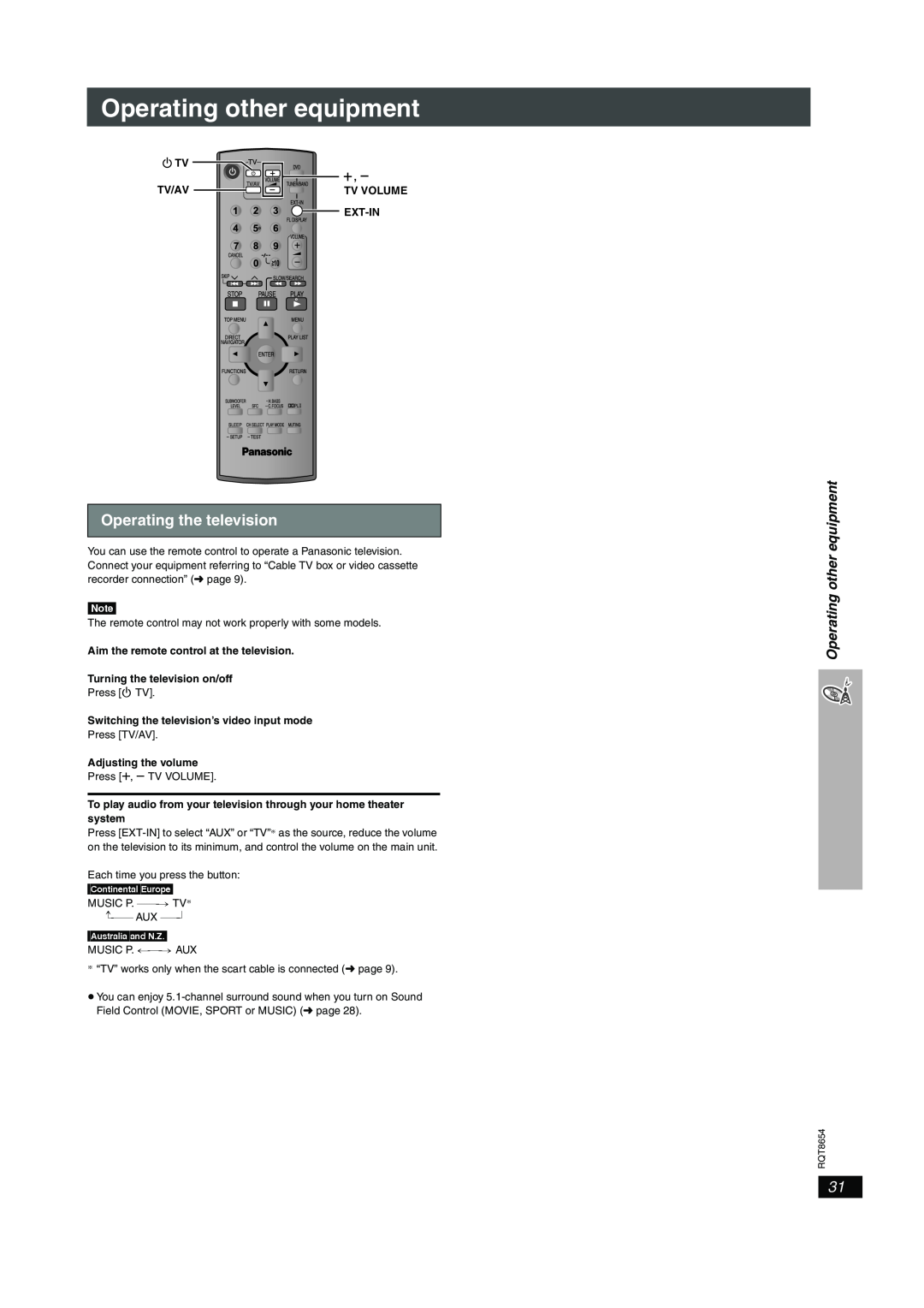 Panasonic SC-HT545 manual Operating other equipment, Operating the television 