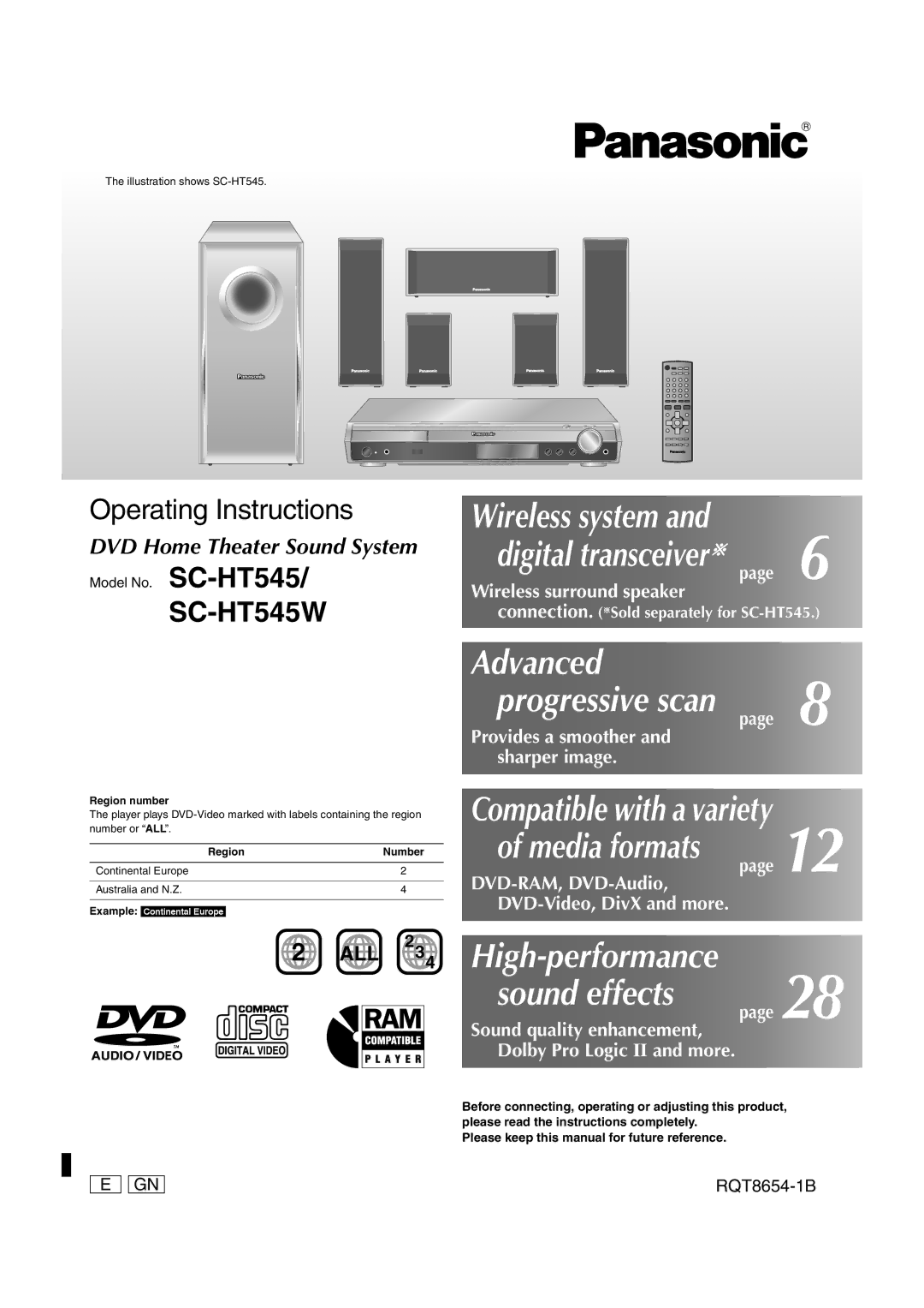 Panasonic SC-HT545W manual Illustration shows SC-HT545, Region number, Continental Europe Australia and N.Z 