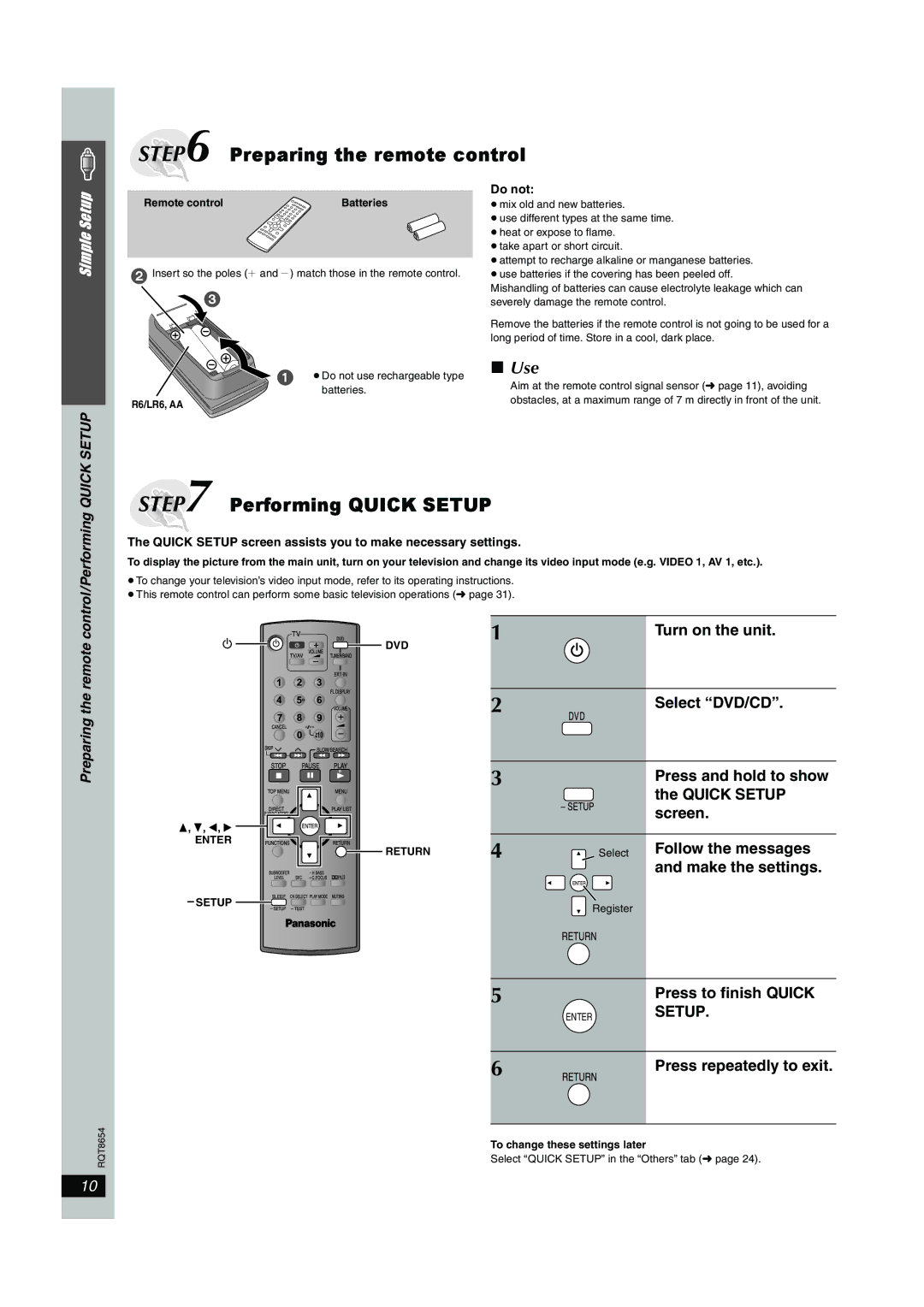 Panasonic SC-HT545W manual Use, Preparing the remote control/Performing Quick Setup, Do not 