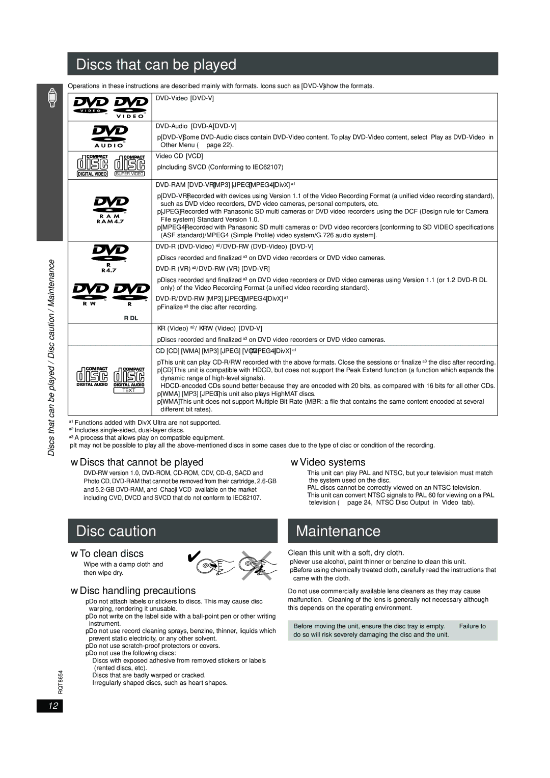 Panasonic SC-HT545W manual Disc caution Maintenance, Discs that cannot be played Video systems, To clean discs 