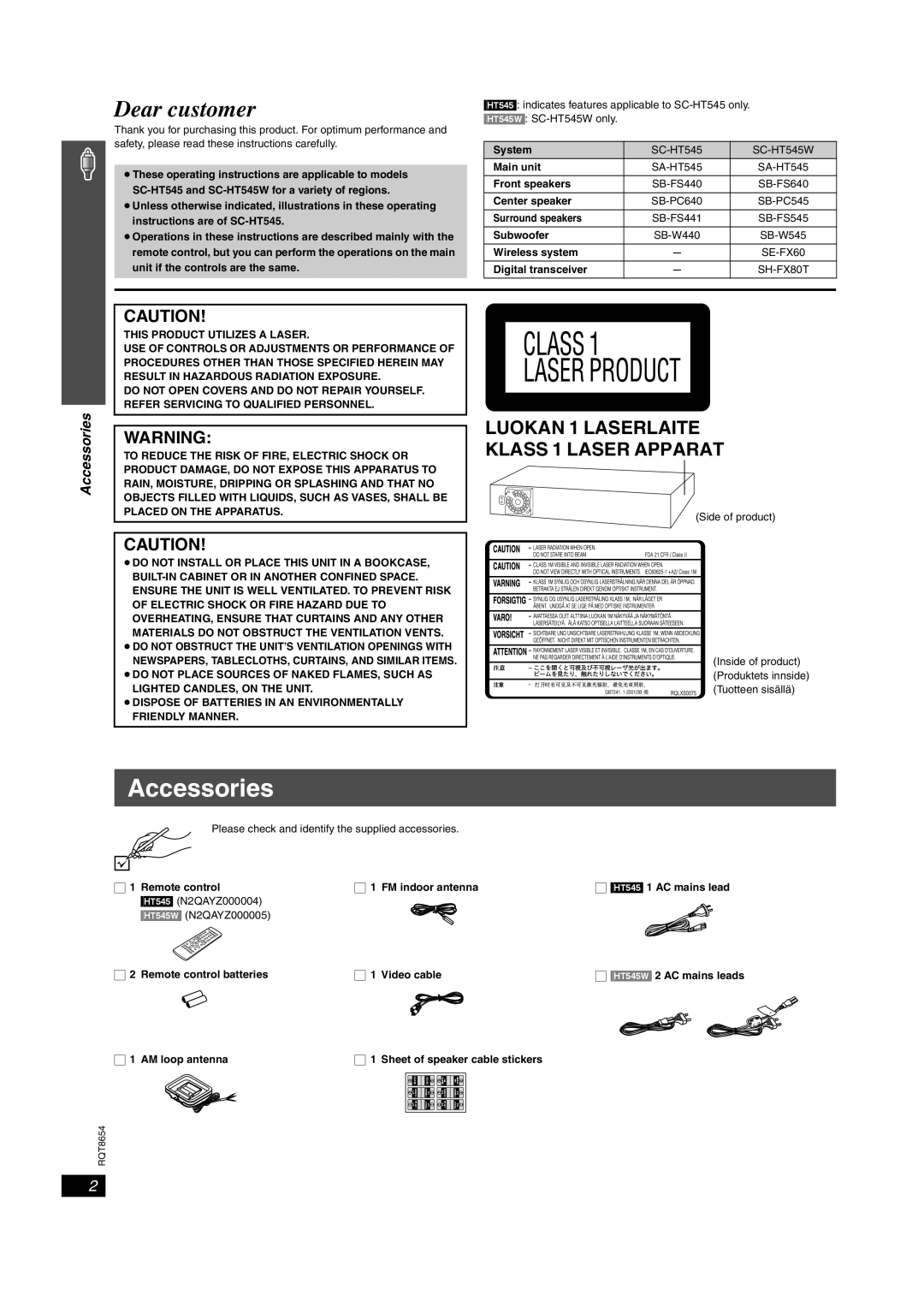 Panasonic SC-HT545W manual Accessories 