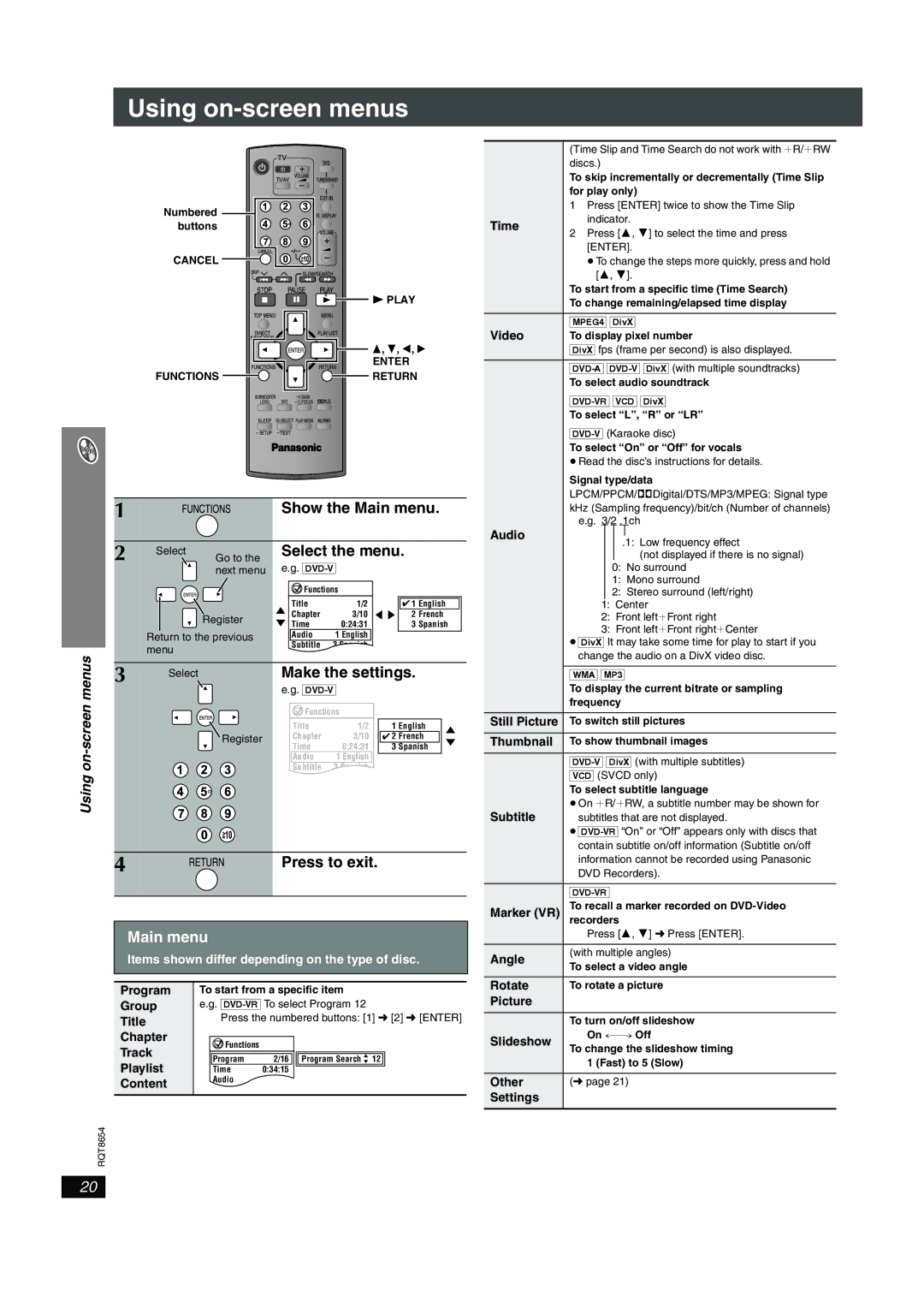 Panasonic SC-HT545W manual Using on-screen menus, Main menu 