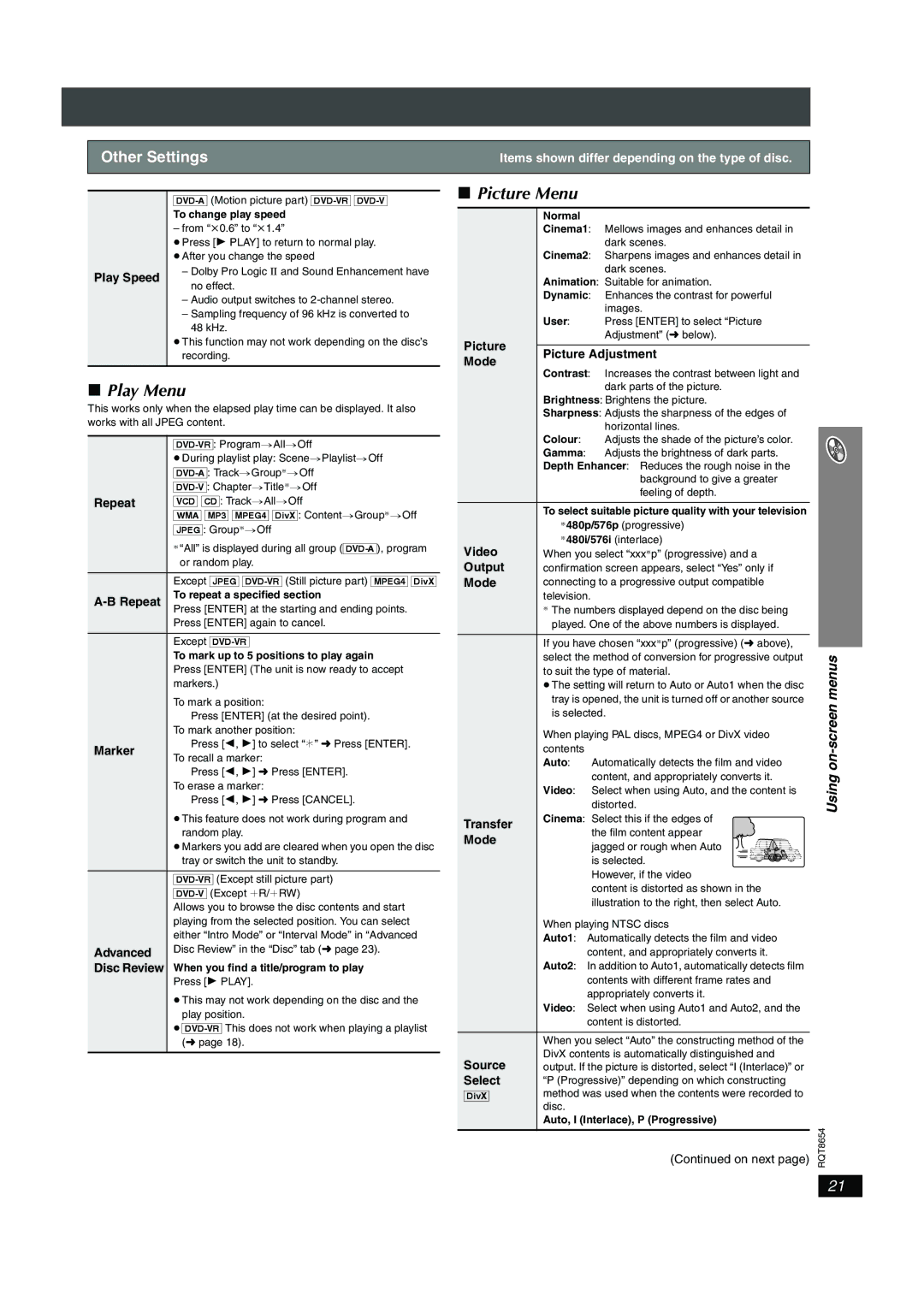 Panasonic SC-HT545W manual Picture Menu, Play Menu, Other Settings 