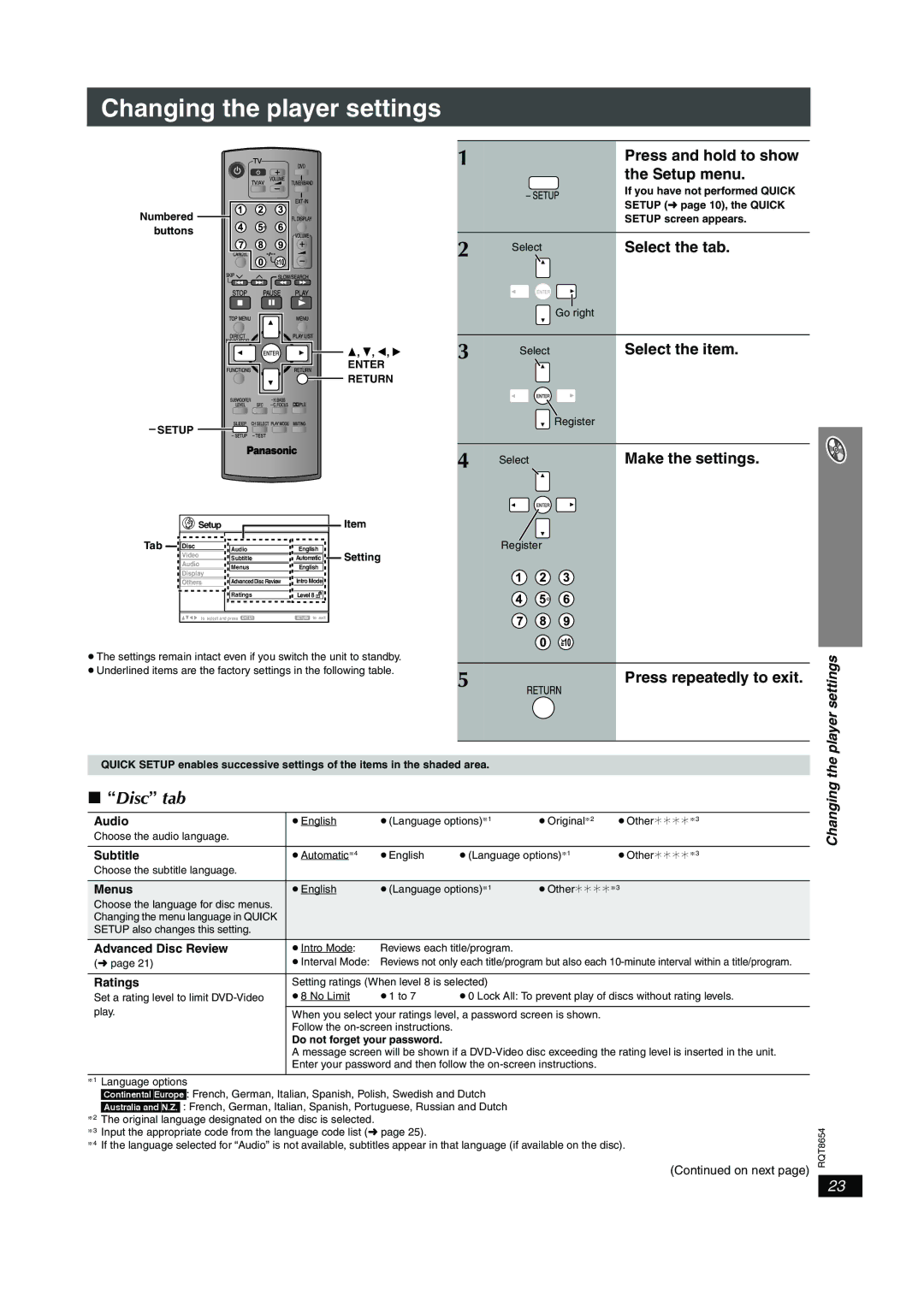 Panasonic SC-HT545W manual Changing the player settings, Disc tab 