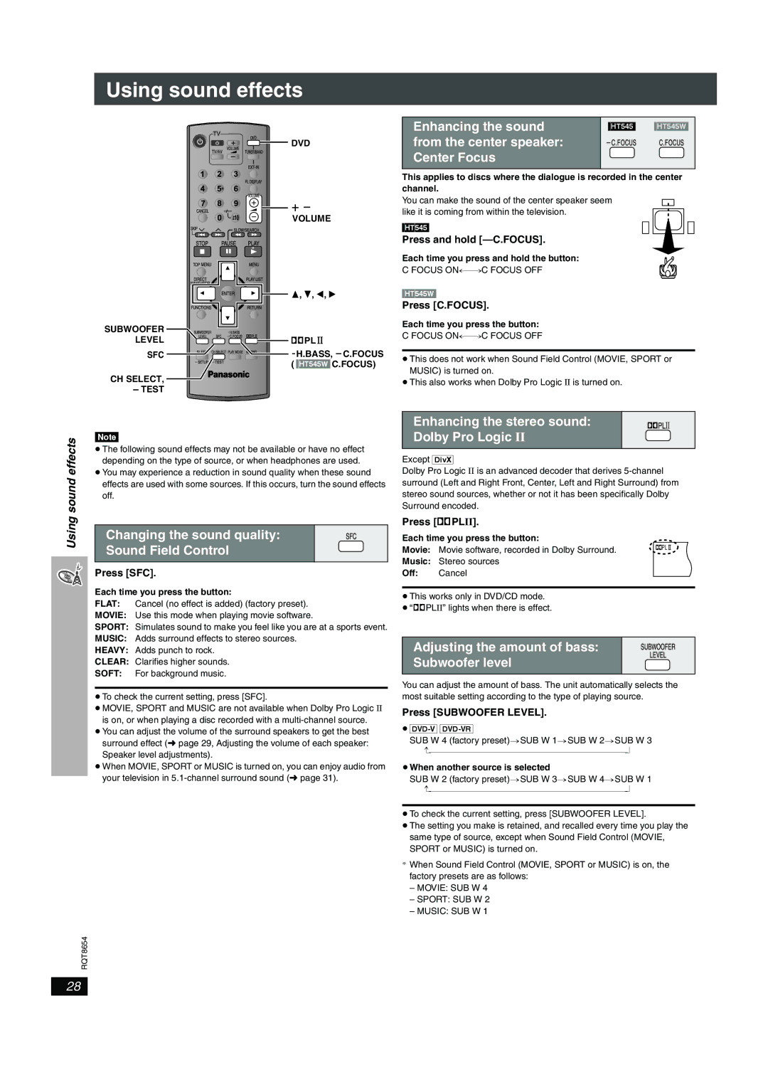 Panasonic SC-HT545W manual Using sound effects 