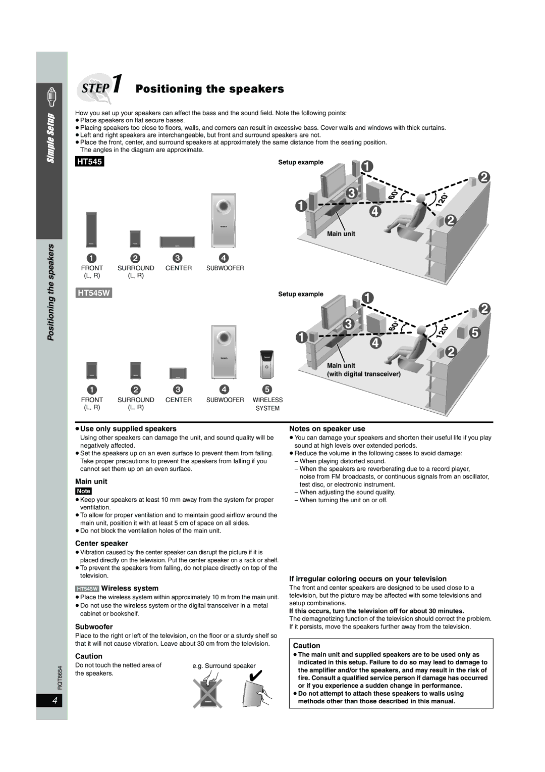 Panasonic SC-HT545W manual Positioning the speakers 