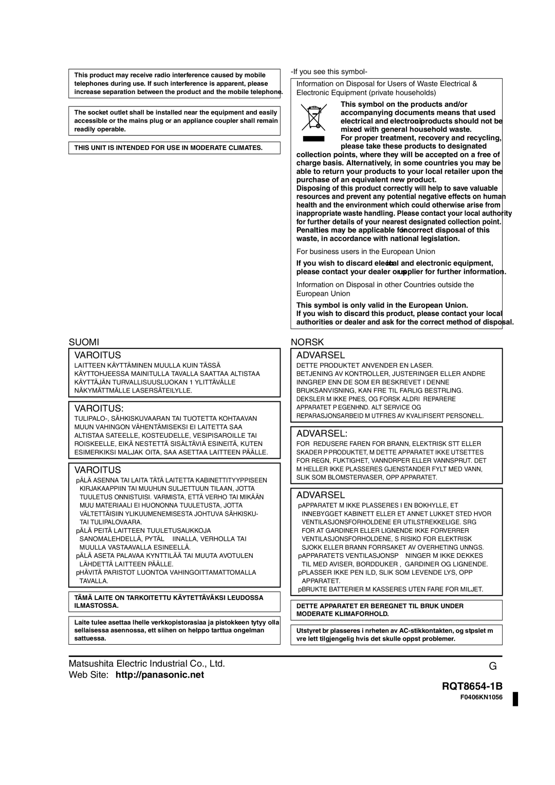 Panasonic SC-HT545W If you see this symbol, For business users in the European Union, Dette Produktet Anvender EN Laser 