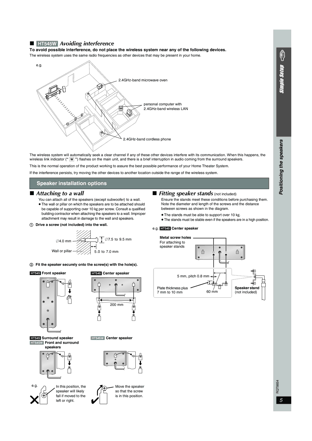 Panasonic SC-HT545W manual HT545W Avoiding interference, Attaching to a wall, Fitting speaker stands not included 