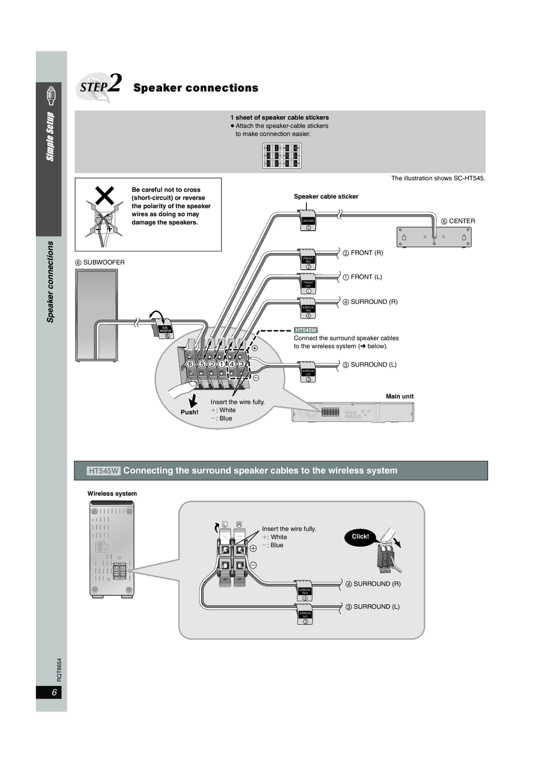 Panasonic SC-HT545W manual Speaker connections, Speaker cable sticker 