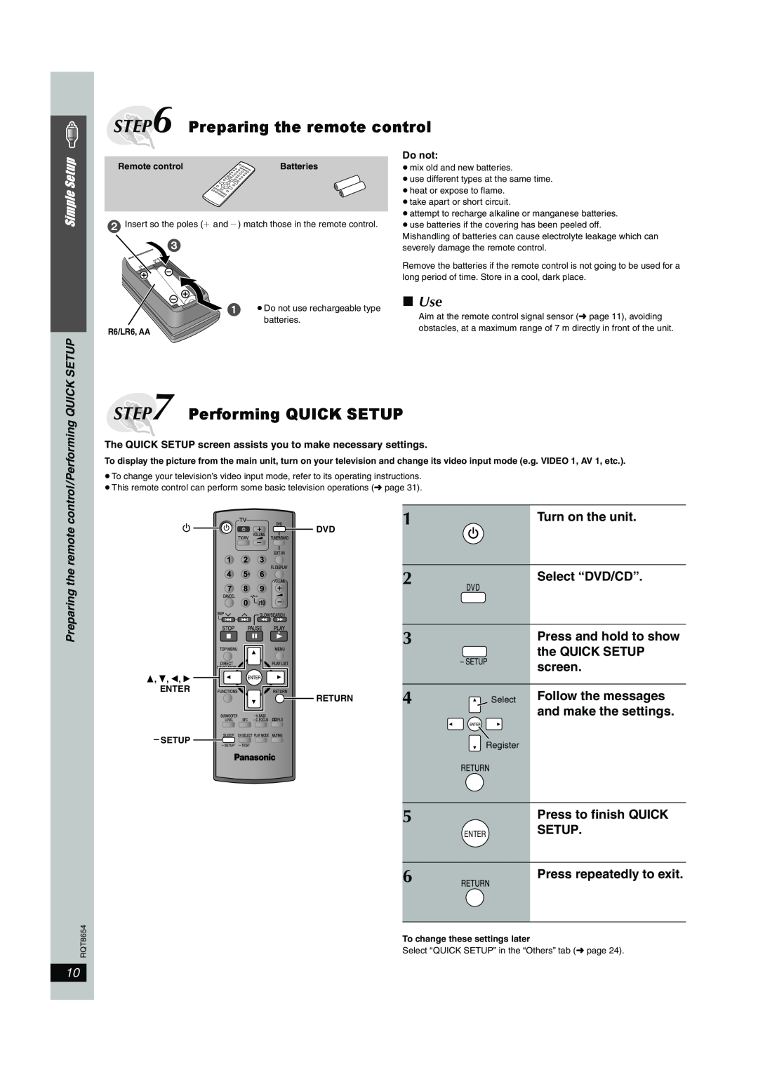 Panasonic SC-HT545W Preparing the remote control, Performing QUICK SETUP, Use, Turn on the unit, Select “DVD/CD”, screen 