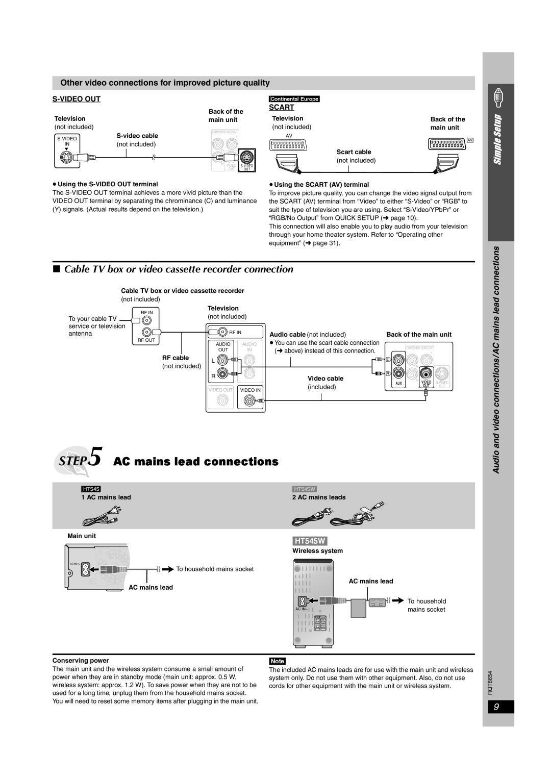 Panasonic SC-HT545W manual AC mains lead connections, Simple Setup, S-Videoout, Scart, ContinentalEurope 