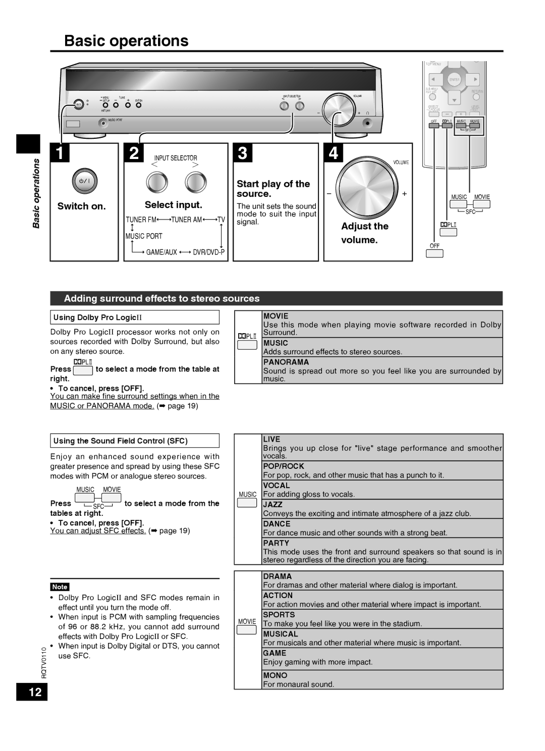 Panasonic SC-HT60 specifications Basic operations, Adding surround effects to stereo sources 