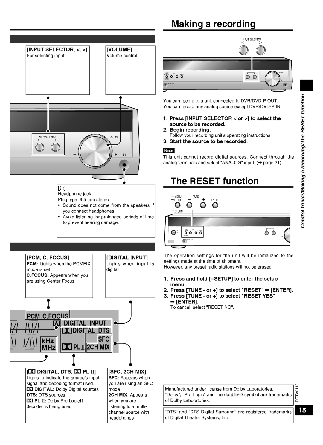 Panasonic SC-HT60 specifications Making a recording, Reset function, Function 