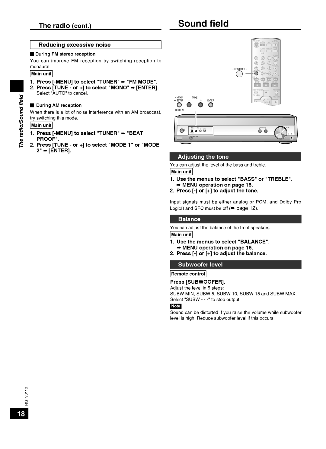 Panasonic SC-HT60 specifications Sound ﬁeld, Reducing excessive noise, Adjusting the tone, Balance, Subwoofer level 