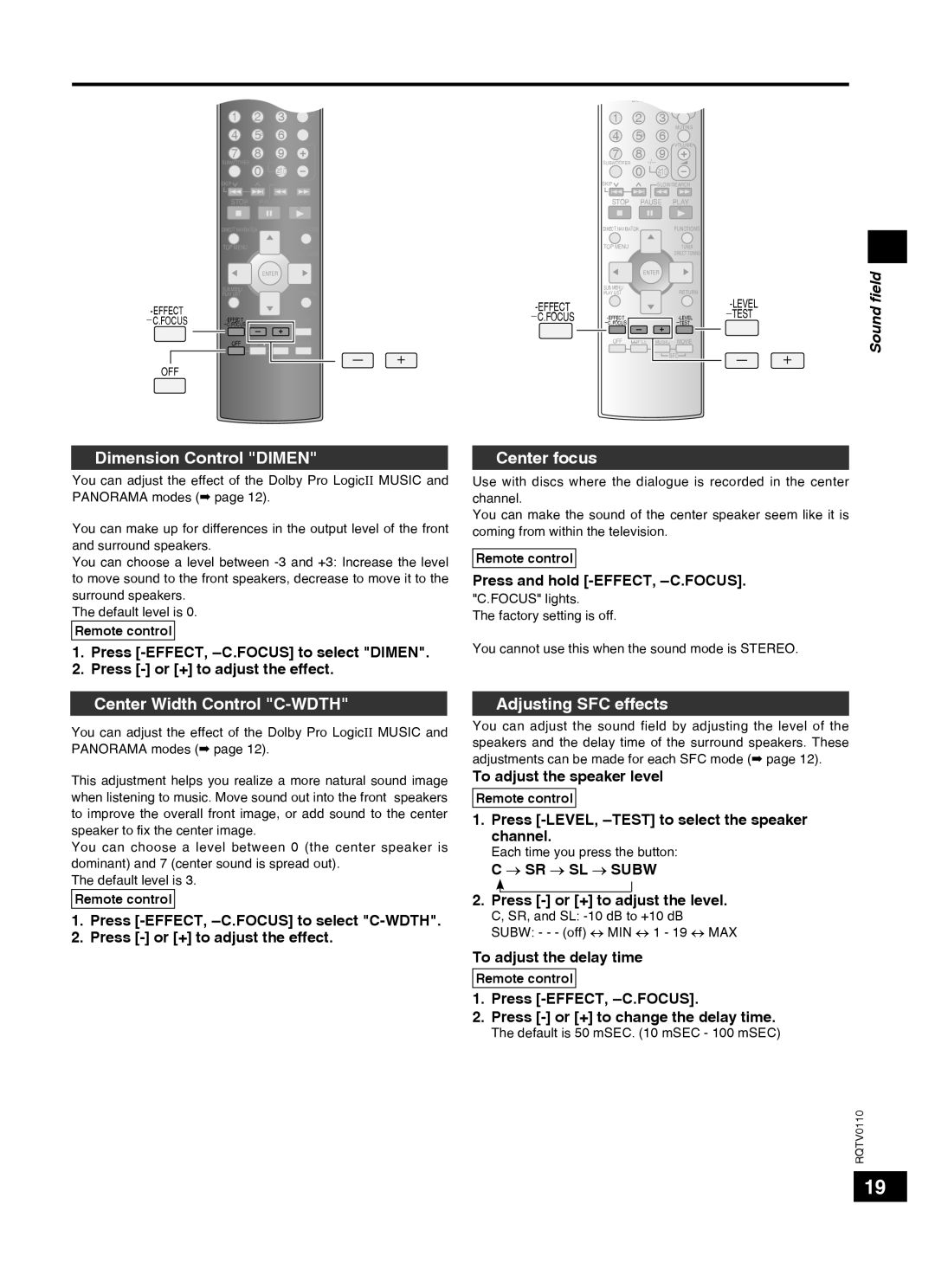 Panasonic SC-HT60 specifications Dimension Control Dimen, Center focus, Center Width Control C-WDTH, Adjusting SFC effects 