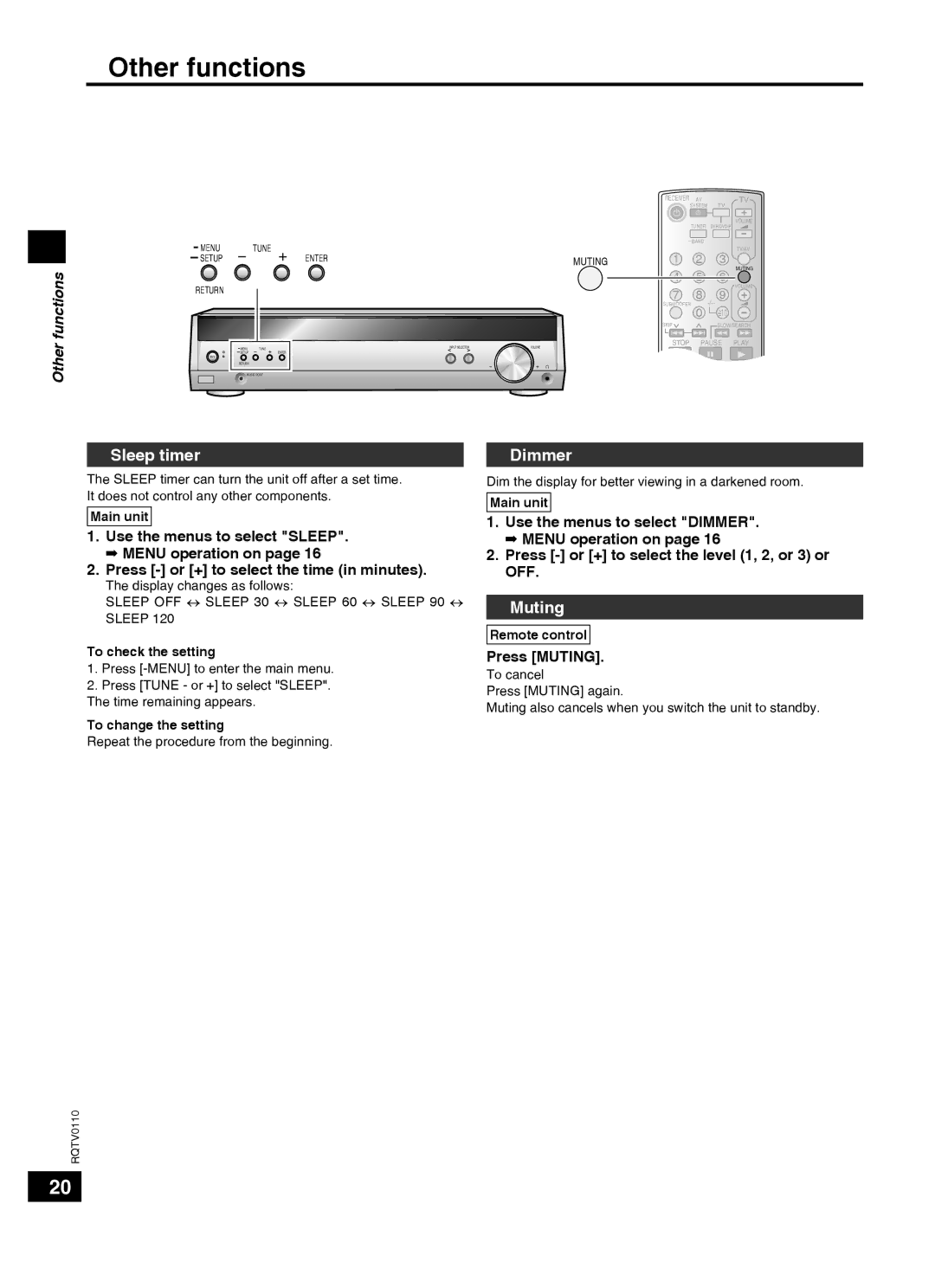 Panasonic SC-HT60 specifications Other functions, Sleep timer, Dimmer, Muting 