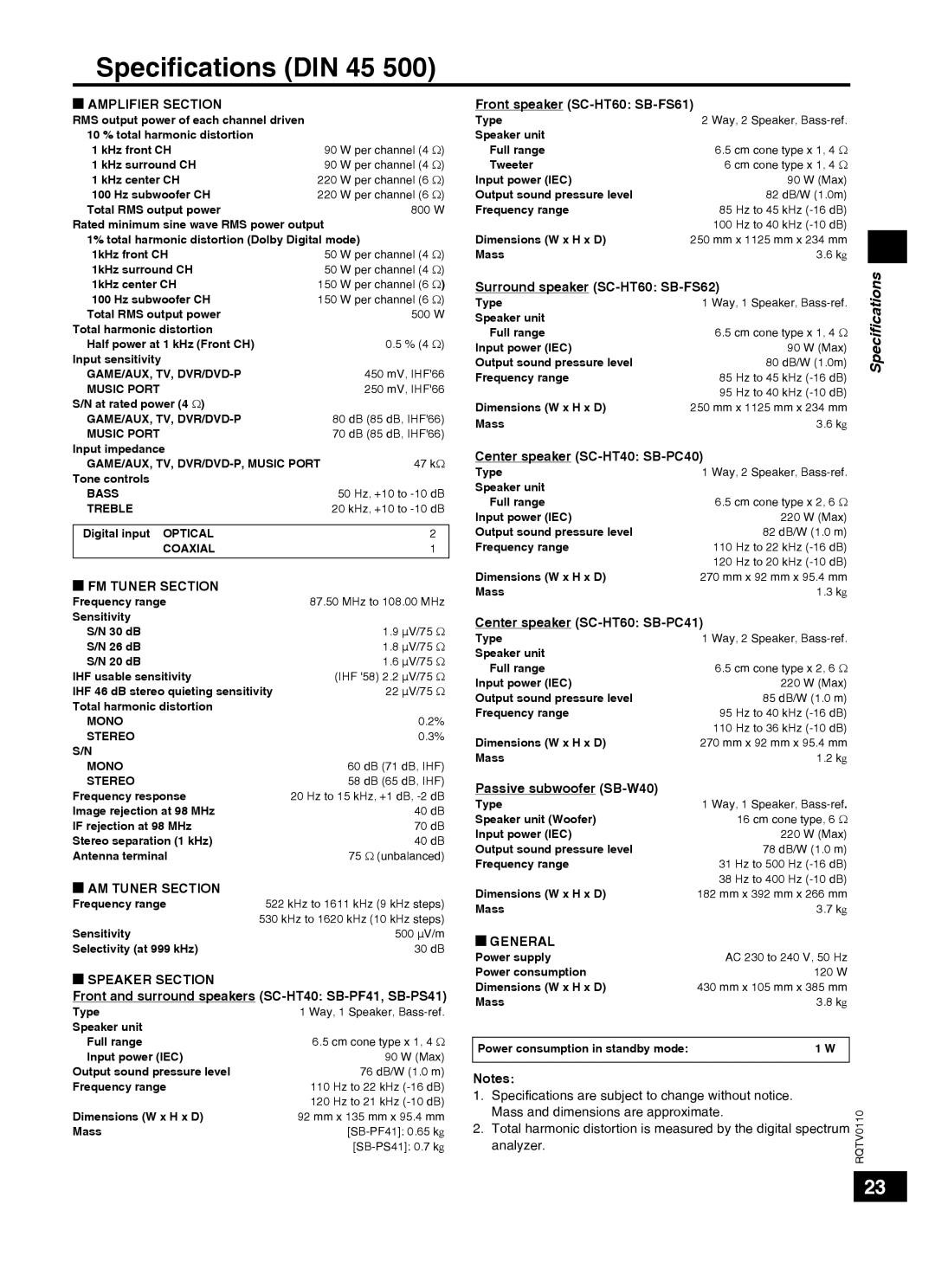 Panasonic SC-HT60 specifications Speciﬁcations DIN 45 