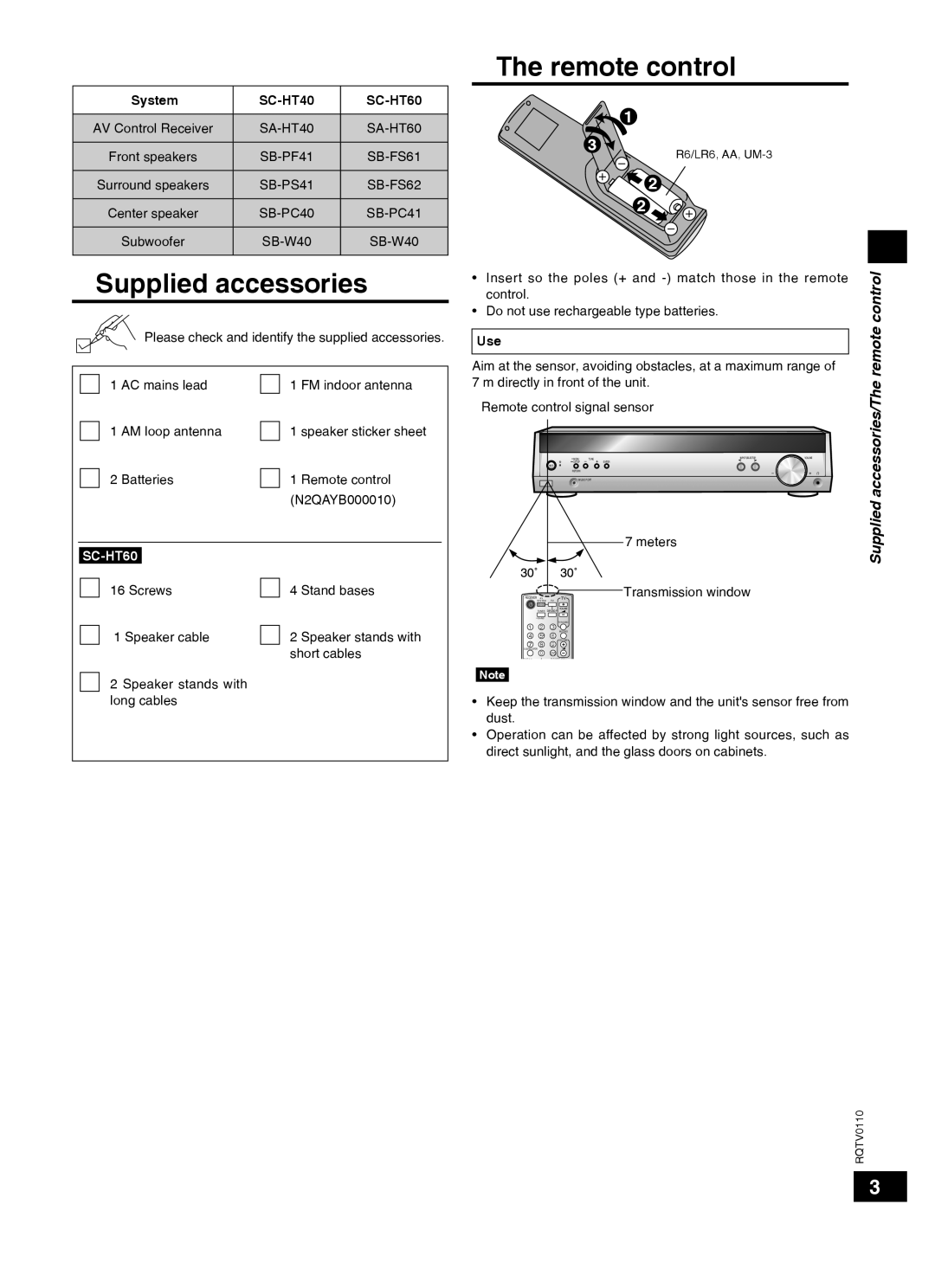 Panasonic SC-HT60 specifications Supplied accessories, Remote control, Control, Accessories/The 