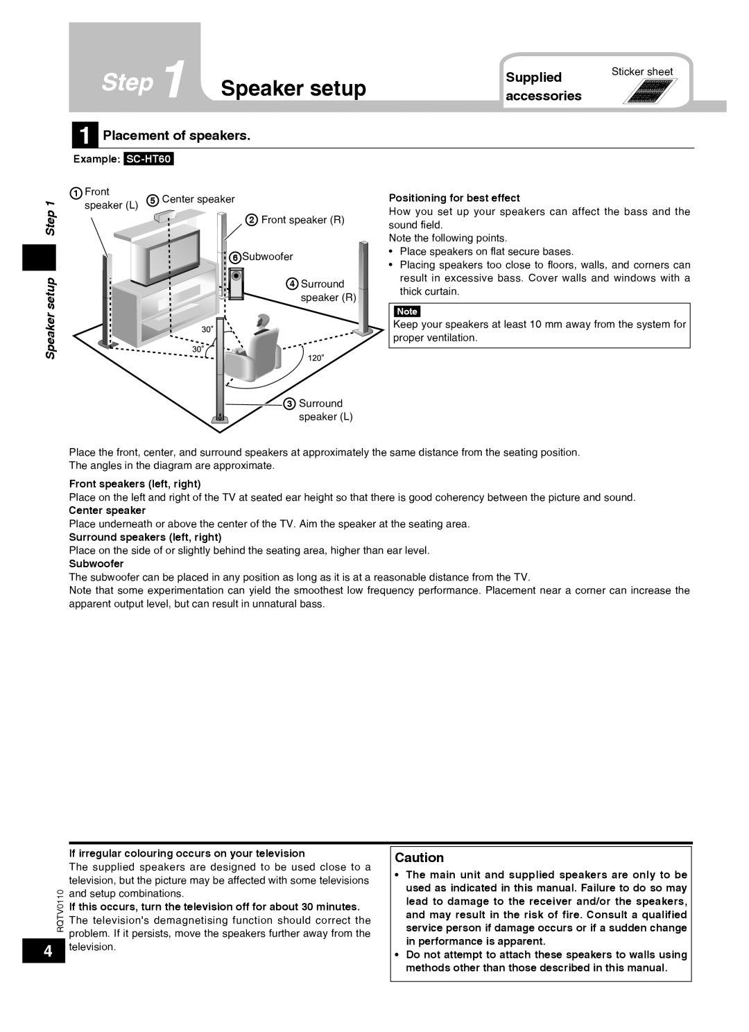 Panasonic SC-HT60 specifications Supplied, Accessories Placement of speakers, Speaker setup Step 