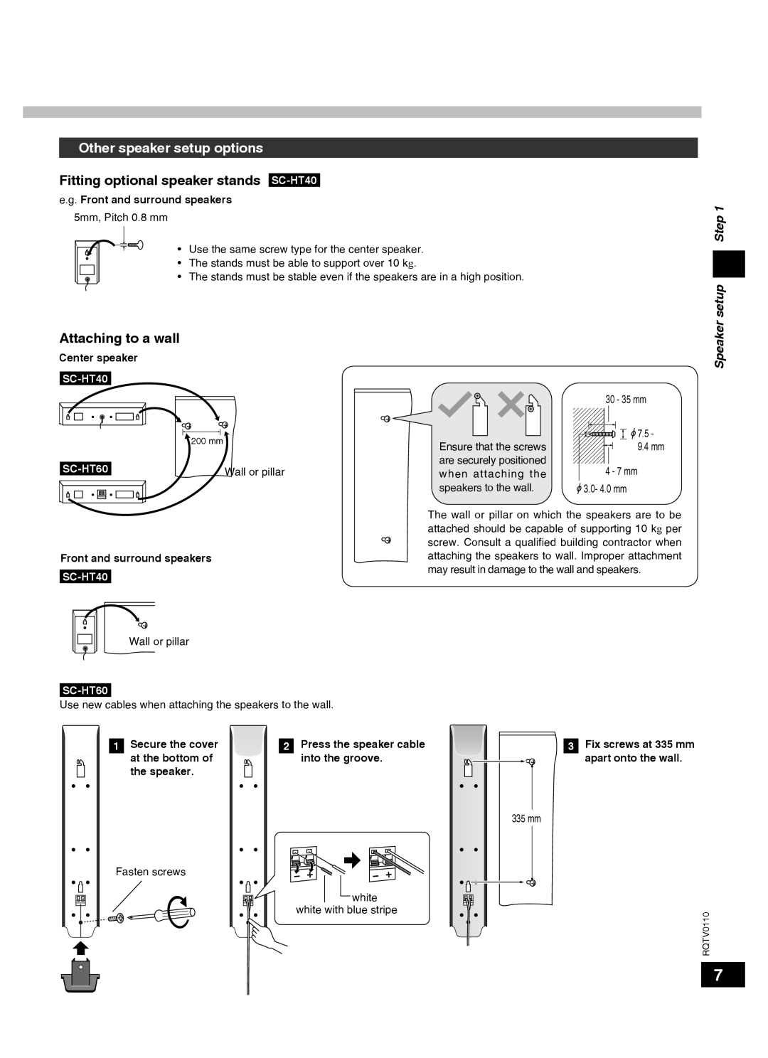 Panasonic SC-HT60 Other speaker setup options, Fitting optional speaker stands SC-HT40, Attaching to a wall, Setup Step 