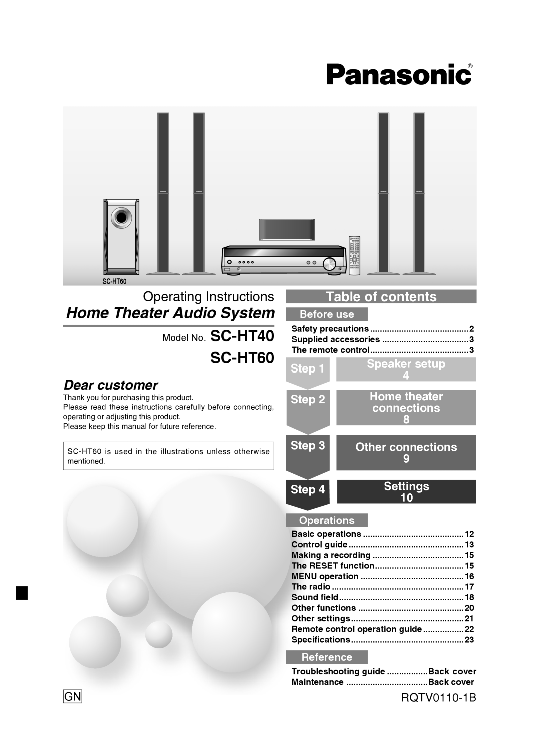 Panasonic SC-HT60 specifications Operating Instructions, Step, RQTV0110-1B, Home Theater Audio System, Table of contents 