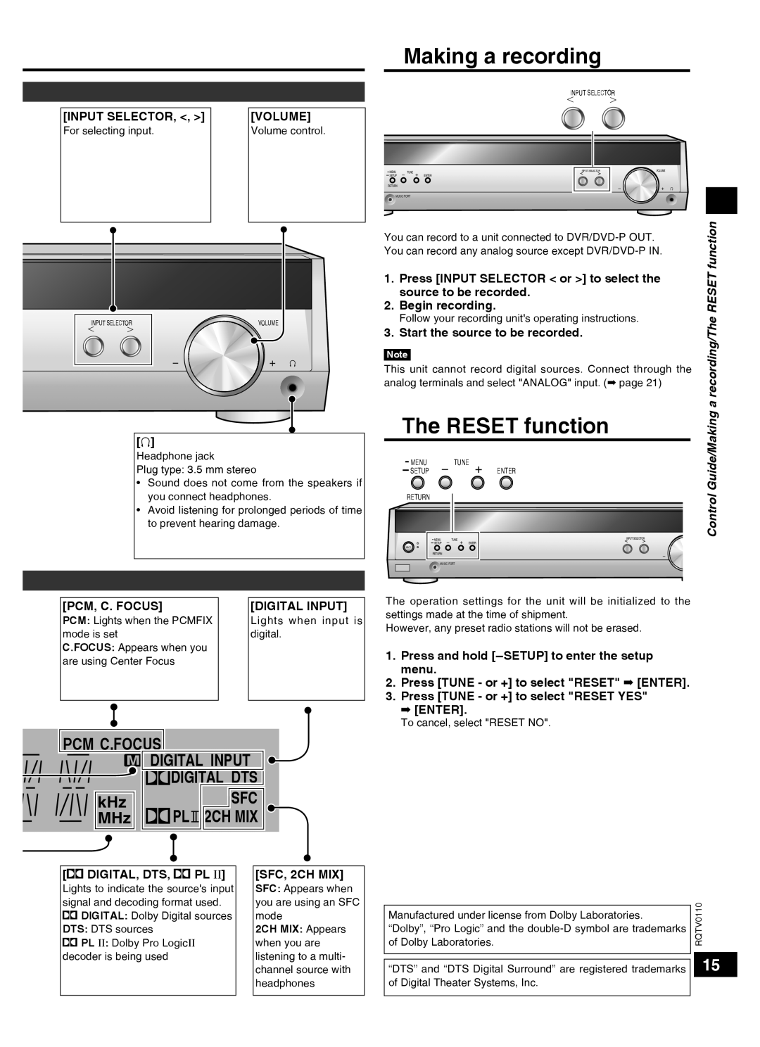 Panasonic SC-HT60 Making a recording, The RESET function, Pcm C.Focus M Digital Input Digital Dts, PL 2CH MIX, Reset 