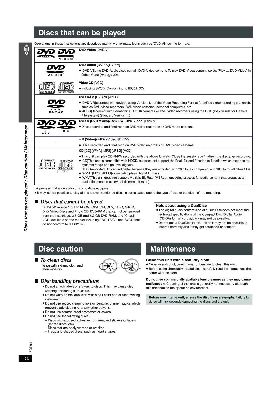 Panasonic SC-HT640W Disc caution, Maintenance, Discs that cannot be played, To clean discs, Disc handling precautions 