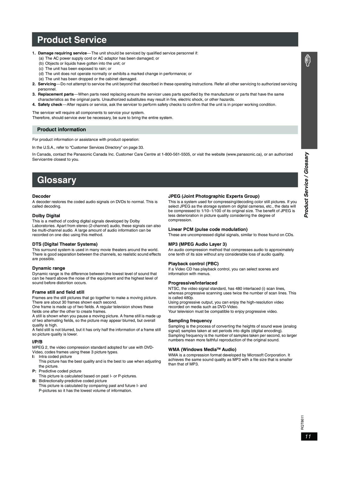 Panasonic SC-HT640W manual Glossary, Product information, Product Service 