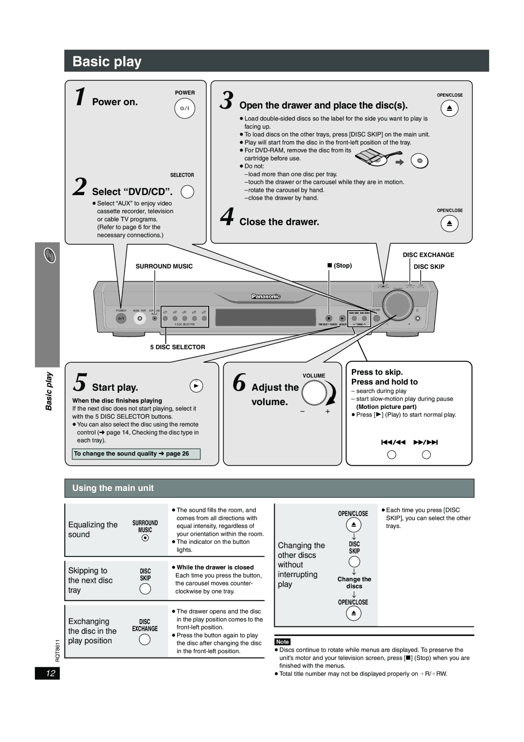 Panasonic SC-HT640W manual Basic play, Using the main unit, Press to skip Press and hold to, Disc Exchange Surround Music 