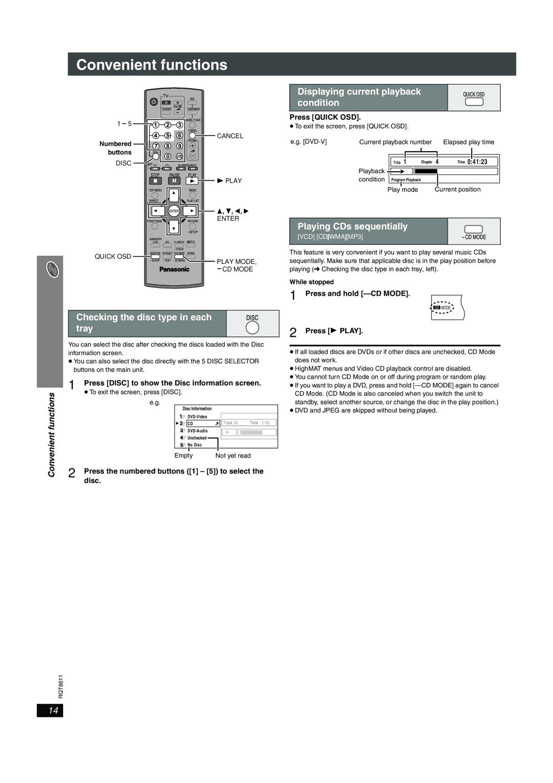 Panasonic SC-HT640W manual Displaying current playback Condition, Playing CDs sequentially 