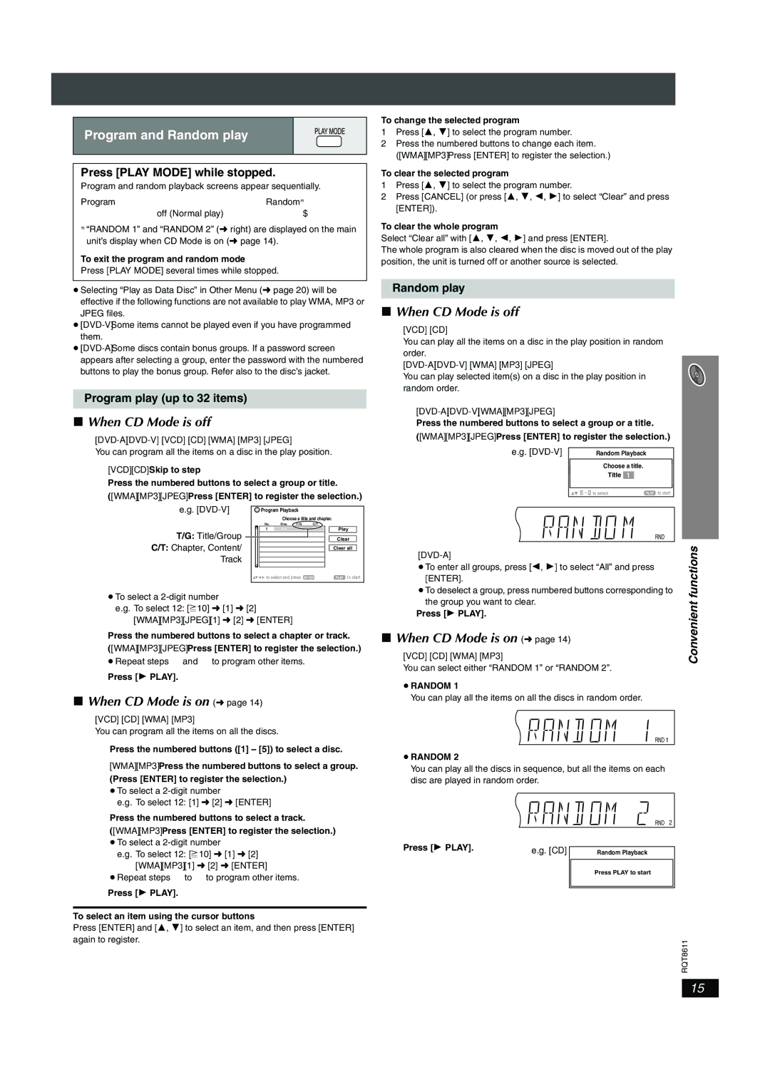 Panasonic SC-HT640W manual Program and Random play, Press Play Mode while stopped, Program play up to 32 items, ≥ Random 