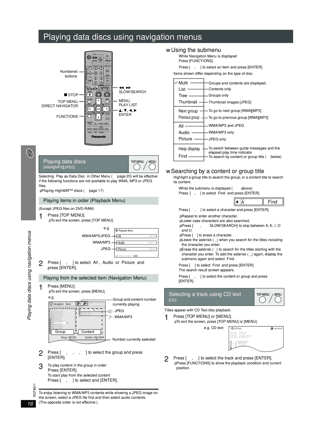 Panasonic SC-HT640W Playing data discs using navigation menus, Using the submenu, Searching by a content or group title 